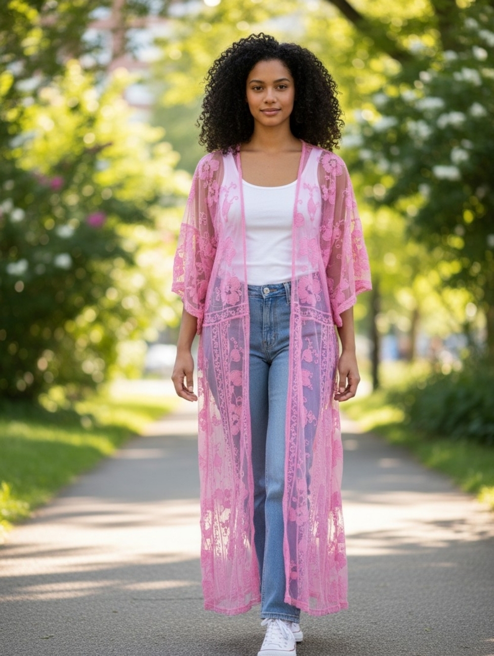 PoL Sheer Pink Lace Duster Kimono S/M